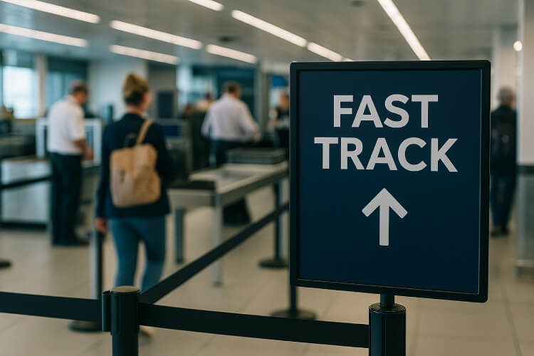 Fast Track sign directing passengers to the priority lane at the airport